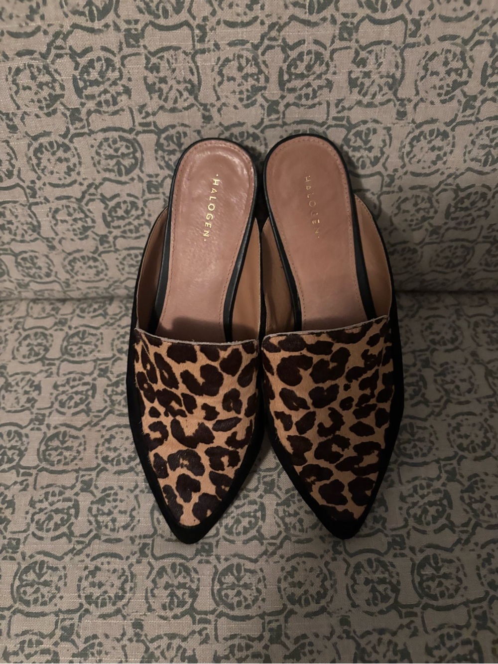 Halogen Leopard-Print Pointed Toe Slip-On Mules in Tan and Black